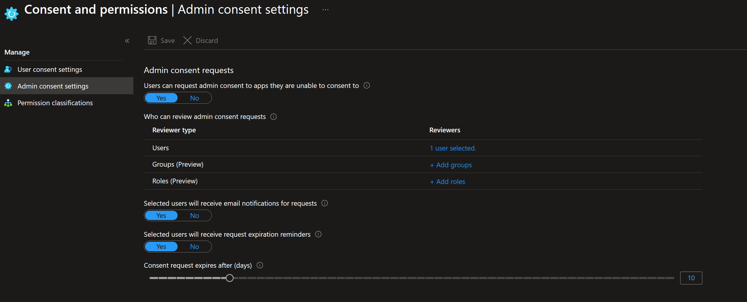 Entra portal Admin consent settings showing the request workflow toggle, reviewer types for users, groups and roles, email notification and expiration reminder toggles, and consent request expiry slider
