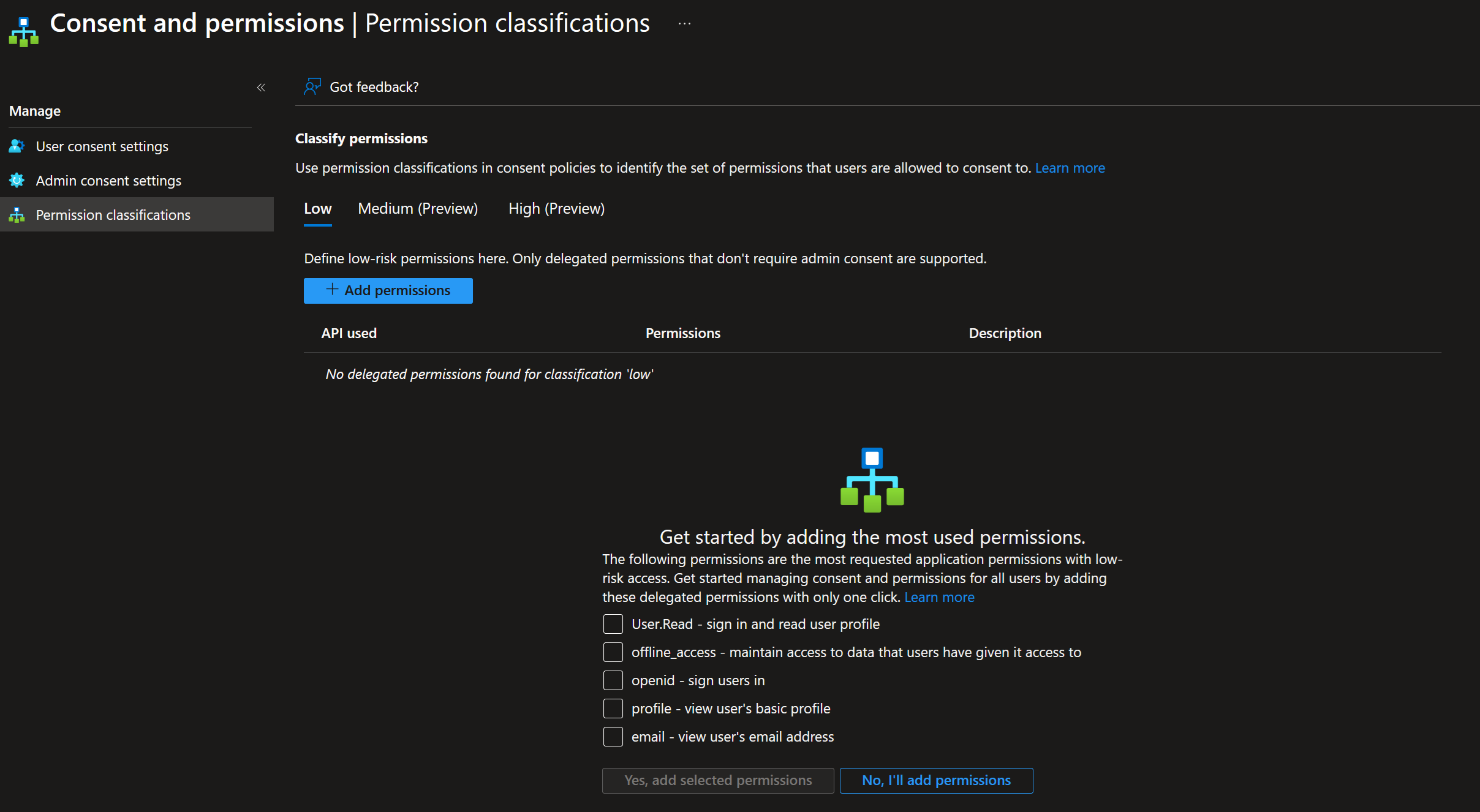 Entra portal Permission classifications blade showing Low, Medium and High tabs and Microsoft's suggested low-risk permissions: User.Read, offline_access, openid, profile and email