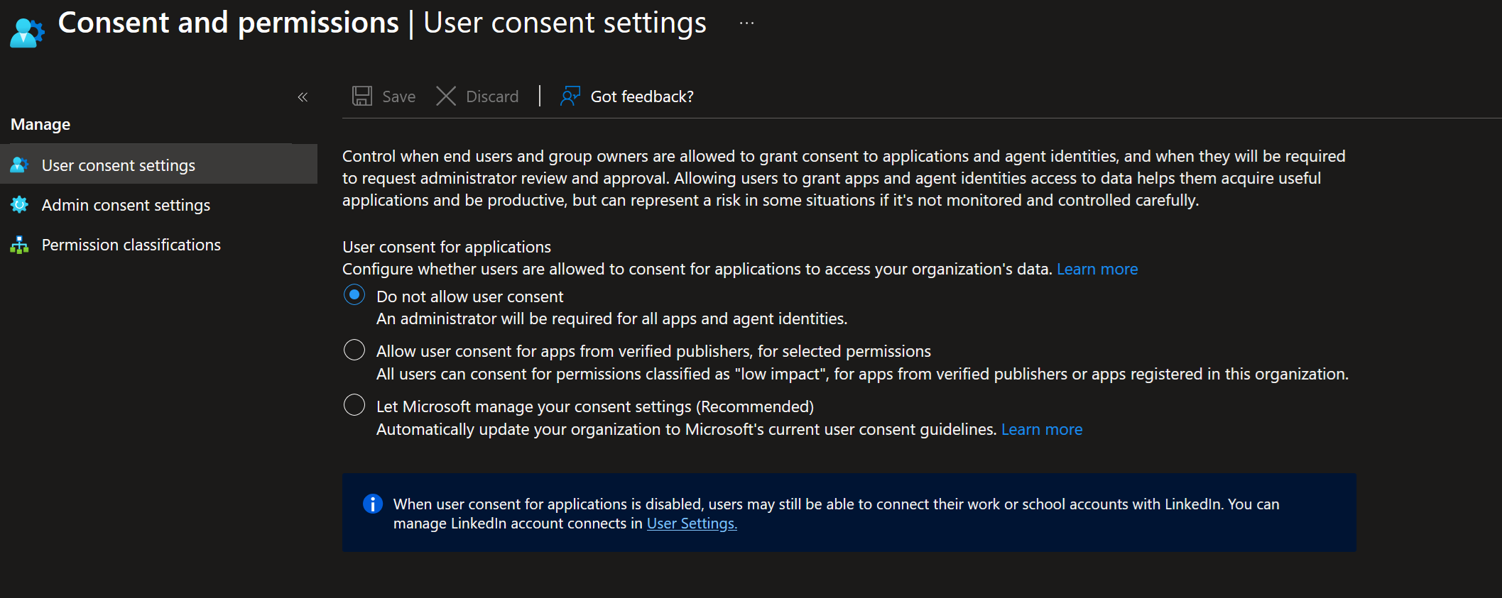 Entra portal User consent settings showing three options: do not allow user consent, allow for verified publishers with selected permissions, and let Microsoft manage consent settings (recommended)