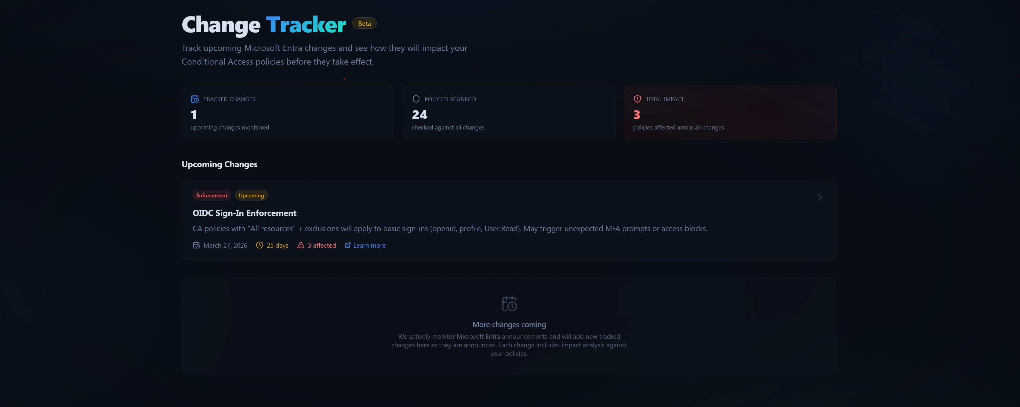 Change Tracker page showing the OIDC enforcement change with countdown and status