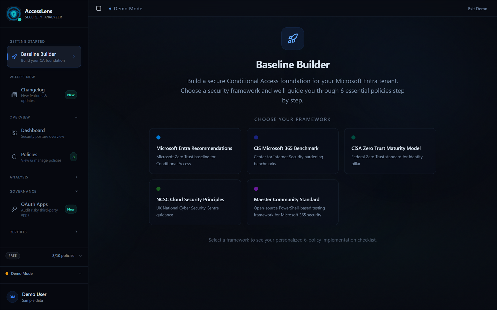 AccessLens Baseline Builder showing framework selection: Microsoft Entra Recommendations, CIS Microsoft 365, CISA Zero Trust, NCSC, and Maester