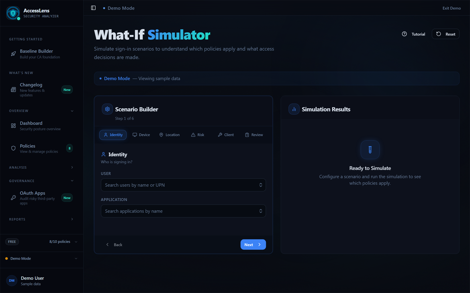 AccessLens What-If Simulator showing the Scenario Builder interface in preview mode with the Run Simulation step disabled on Free tier